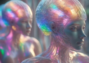 Une femme androïd avec la peau bleu pale et le crâne translucide avec des rayons multicolorss