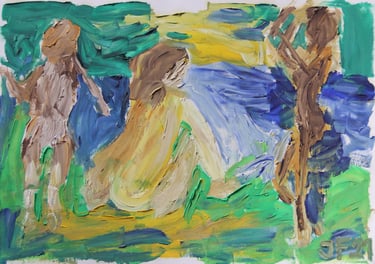 a painting of women by the lake