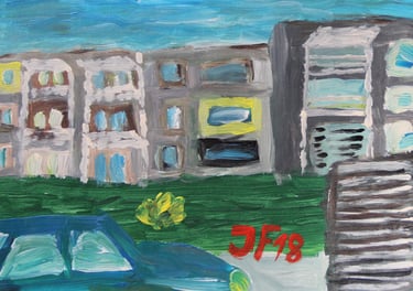 a painting of a blue Peugeot and houses