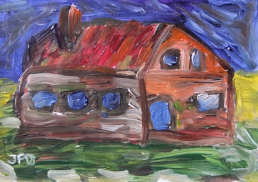 a painting of a house with a red roof
