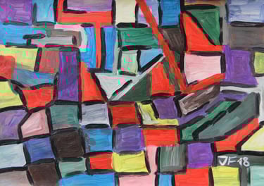 an abstract painting consisting of squares, rectangles and triangles