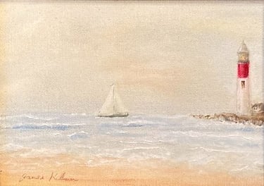 A serene seaside painting featuring a sailboat and a lighthouse, set against a soft sky