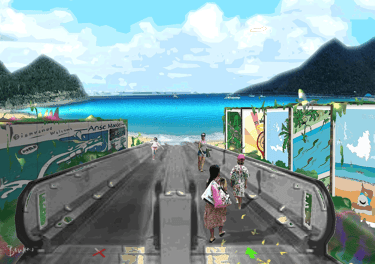 Tourists on escalator heading toward Anse Marcel beach