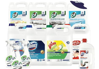 a variety of cleaning products including cleaning chemicals for hotel and hospital keeping