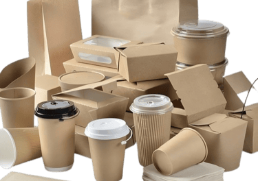 a bunch of paper bags with paper cups and bowls