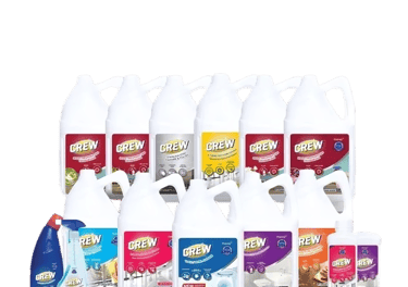 a variety of cleaning products including a bottle of cleaner