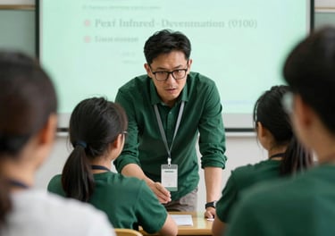 A dynamic photography shot of a skill development workshop where a mentor is guiding a young student. The setting is bright and professional, incorporating deep forest green and soft mint green tones.