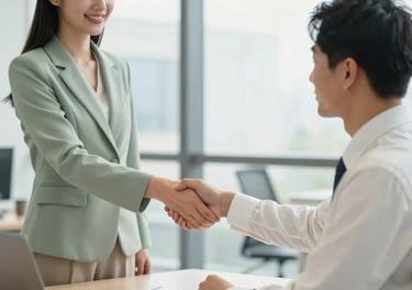 A professional handshake between a young job seeker and a recruiter in a bright office, symbolizing a successful placement. The lighting is crisp, and both parties wear professional attire in shades of muted sage green and crisp off-white.