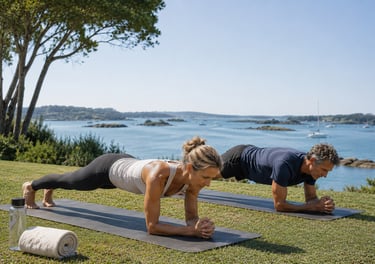 Couple en séance de Pilates sous un beau soleil matinal au bord du Golfe du Morbihan