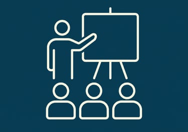 White outline icon of a teacher presenting a seminar to a group of students on a dark blue background.