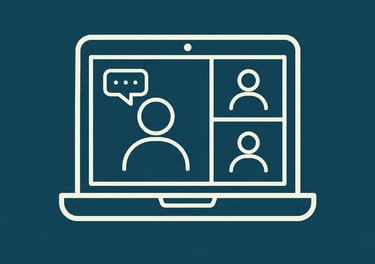 Line art illustration of a laptop showing a video conference call with three participants and a chat bubble.