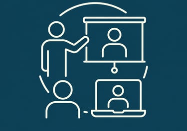 White line icon representing hybrid learning with a teacher, digital screen, and remote laptop student.