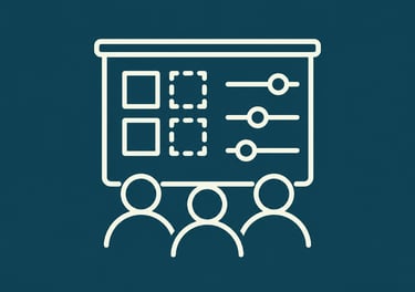 A minimalist white icon of a digital dashboard and team members on a dark blue background.