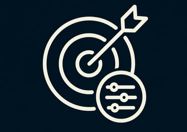 White outline icon of a target with an arrow and adjustment settings on a dark background.