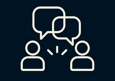 Minimalist outline icon of two people talking with speech bubbles on a dark background for communication.