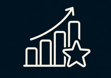 Business growth icon showing an upward arrow, a rising bar graph, and a rating star on a dark background.