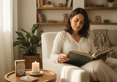Mulher a ler o livro dor para quê, com o oráculo da consciência ao seu lado