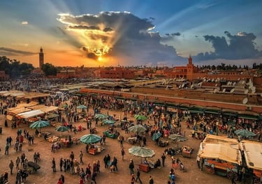 a large group of people standing around a market