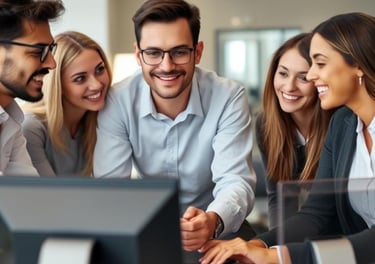 "Group of professionals smiling at a computer with text reading 'Software' and a typo below."