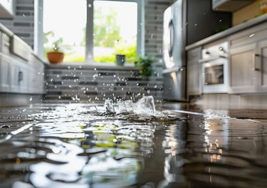 Water damage in the kitchen area. Dripping water, damaged floor and cabinets.