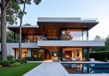 Contemporary luxury home exterior in Toronto with clean architectural lines, expansive glass panels,