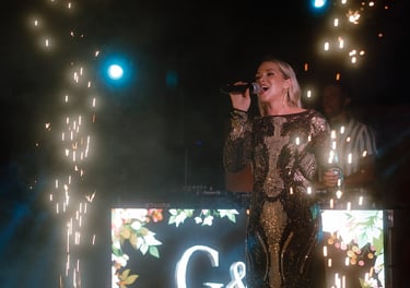 High-energy wedding party entertainment in Italy featuring Natalie Page with live sparks and house v