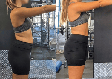 Side profile of a woman's fitness transformation showing weight loss and muscle toning progress in a gym.
