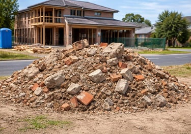 pile of dirt, bricks, concrete, rocks on a block of land in a suburban street with a house being built in the background