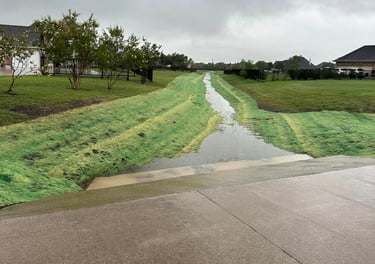 Grassy drainage with water runoff.