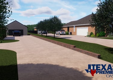 3D rendering of residential driveway.