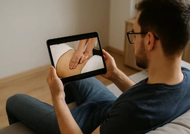 Personne suivant une vidéo de massage abdominal sur une tablette, assise dans un salon.