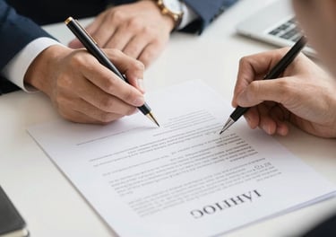 A professional lawyer reviewing detailed business contracts in a modern office.