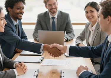A professional lawyer reviewing detailed business contracts in a modern office.