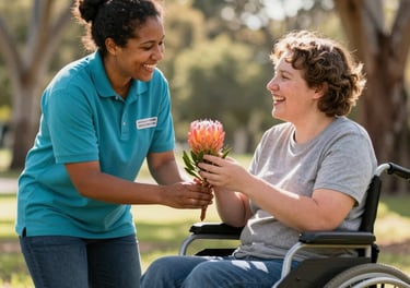 A caregiver gives a flower to a woman in a wheelchair outdoors, highlighting quality disability support services.
