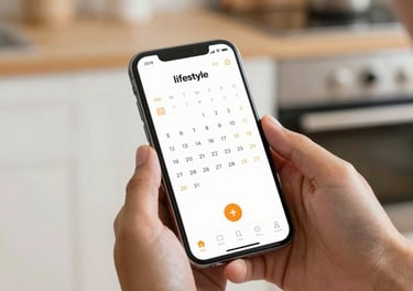 Person holding a smartphone displaying a lifestyle calendar app for daily schedule planning in a kitchen.
