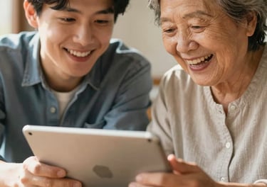 A smiling young man and an elderly woman looking at a digital tablet together indoors.
