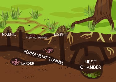digital artwork of an underground mole tunnel system, including larder food storage and nest chambers