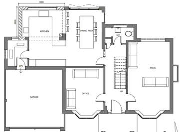 2D proposed ground floor plan for a kitchen extension for a fully detached property