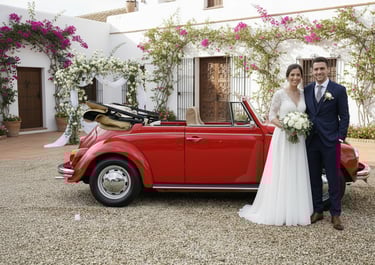 Volkswagen Beetle Cabriolet rojo 1971 para bodas, alquiler de coche clásico con encanto retro en España.