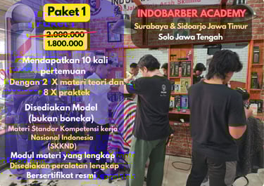 Paket basic kursus potong rambut barbershop Indobarber Academy Surabaya