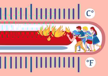 group of people trying to push back the mercury of a thermometer on fire