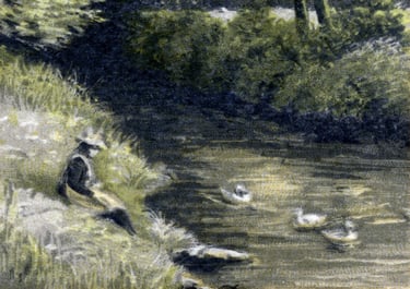 Mother by a riverside, representing respite for families.