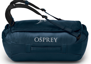 a blue duffel bag with the word osprey on it