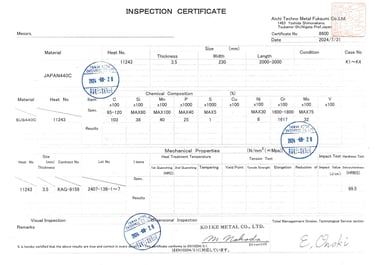Certificado de calidad Acero Japan 440C