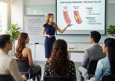 An attractive Eurasian doctor giving a health talk to a group of executives in a  training room