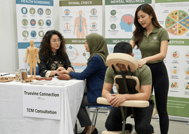 A TCM Physician providing consultation to a Malay lady and a tui na masseuse providing massage
