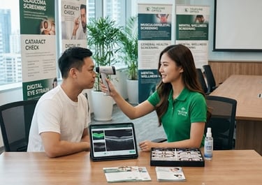 A young attractive optometrist performing tonometry eye pressure check on a participant.