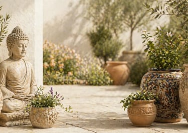 Serene garden patio with a stone Buddha statue among rustic terracotta planters and lush greenery.
