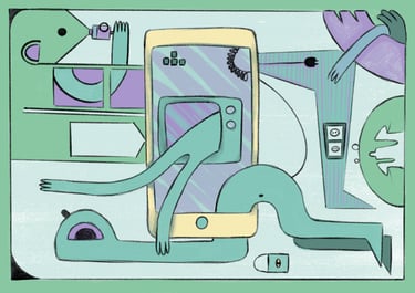 a cartoonish illustration of a man with a phone