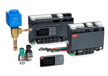 Danfoss electronic controllers and industrial refrigeration components including solenoid valve and sensors.